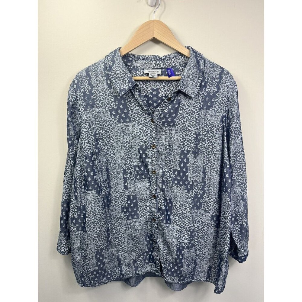 Catherines Shirt Women 1X Petite Blue 3/4 Sleeve Blouse Bandana 18 20 Button